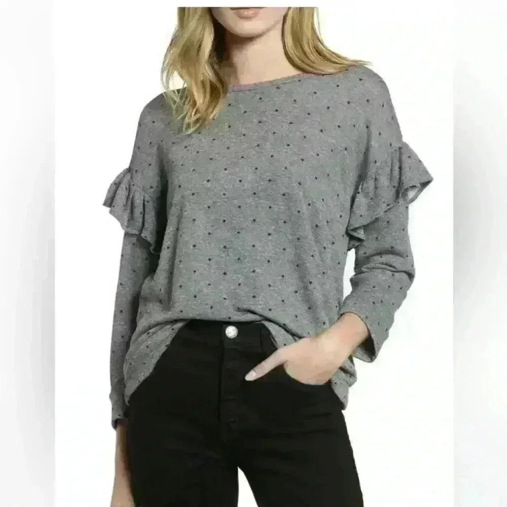 Current Elliot THE RUFFLE SWEATSHIRT Heather Gray With Black Mini Stars XS